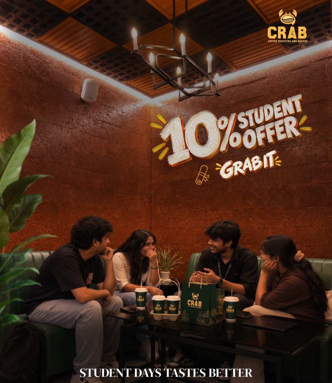 CRAB 10% Student Offer — students enjoying coffee at CRAB